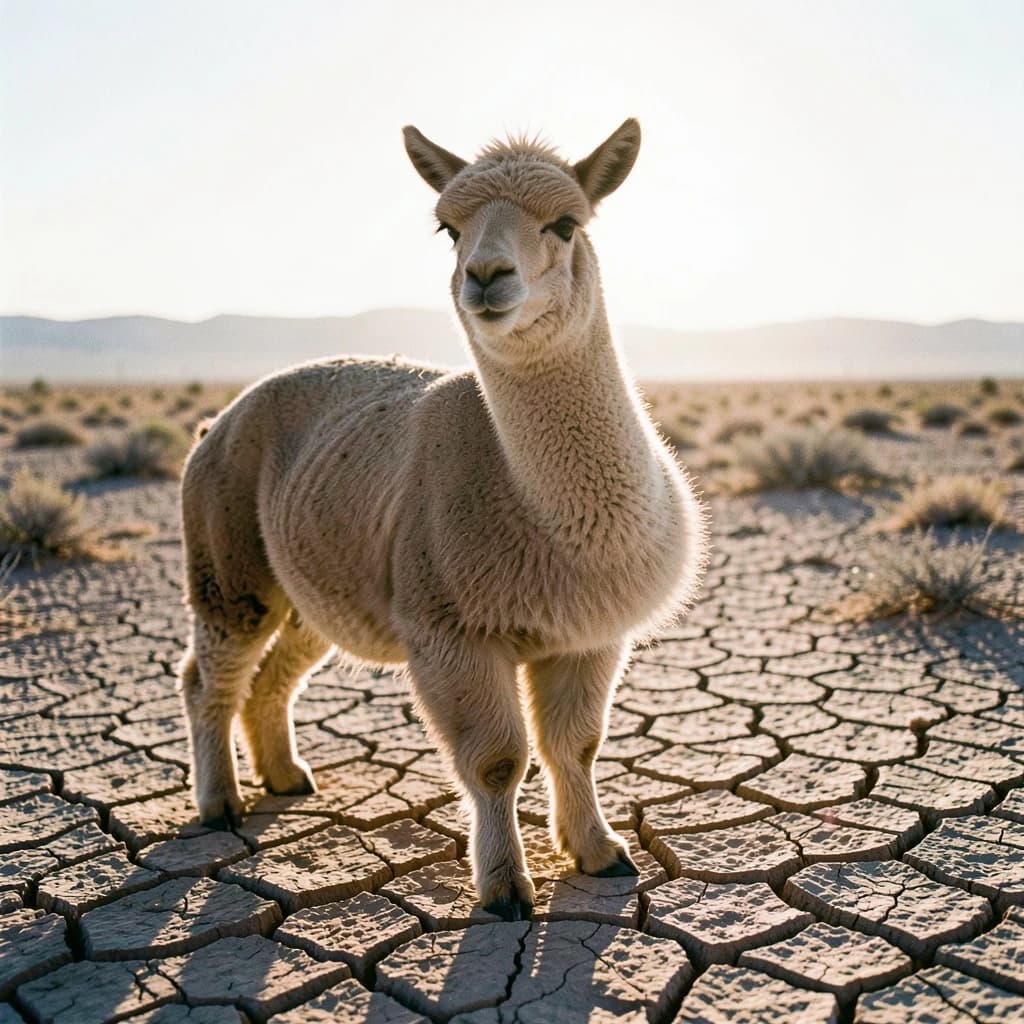 quiet alpaca on cracked earth, backlit