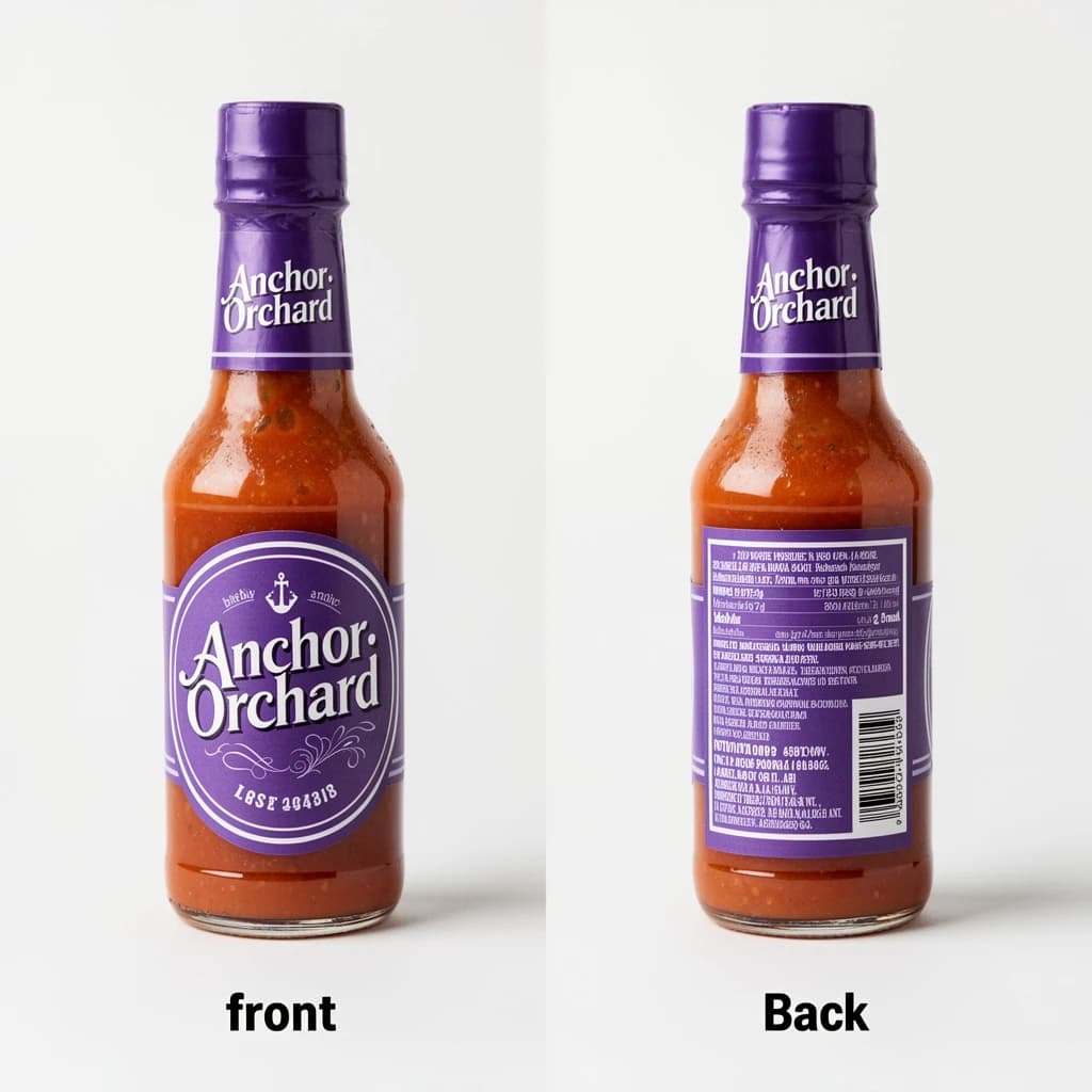 Printed poster: one hot-sauce bottle in two views. The views are captioned "front" and "back" in that order. The wordmark "Anchor Orchard" appears on every view. The purple-and-white coloring is the same across every view, and only the angle changes.