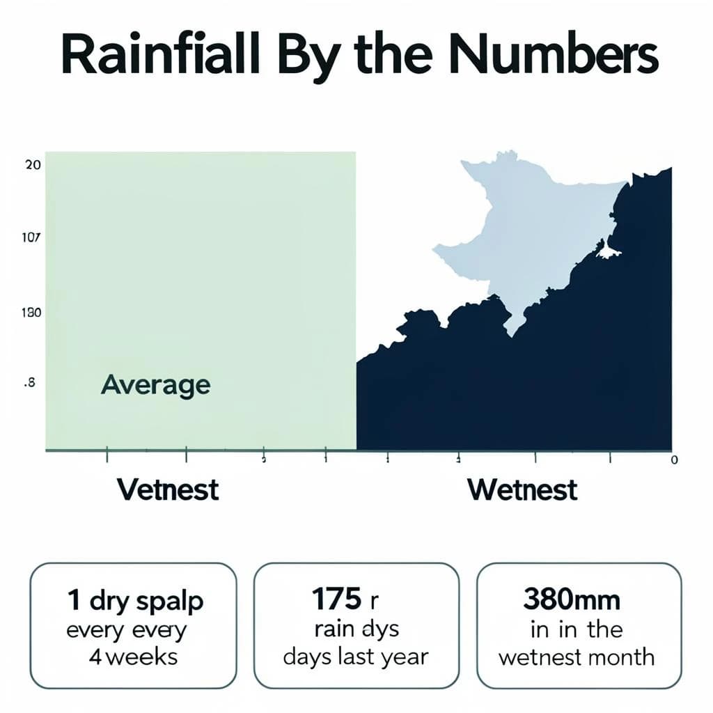 Flat infographic titled "Rainfall by the Numbers": at the center a twelve-month rainfall timeline, carrying two keyed regions, "Average" shaded pale green and "Wettest" shaded dark blue, beside a bottom row of three stat chips reading "1 dry spell every 4 weeks", "175 rain days last year" and "380mm in the wettest month".