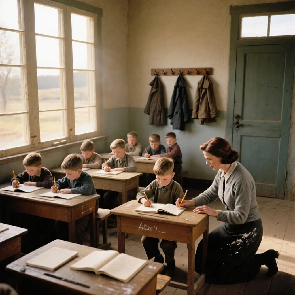 Documentary photograph inside a 1961 rural schoolhouse, late afternoon sun through tall windows. Twelve pupils at six shared wooden desks, two to a desk: the four in the window row copy from slates, the four in the middle row have open exercise books, the four along the back wall are turned around watching. The teacher, a woman in a grey cardigan with chalk dust on her sleeve, kneels beside the desk nearest the door, one hand steadying a boy's pencil. Four wall hooks behind her hold three coats, the middle hook bare. Warm dust in the light, fine grain, nobody posing.