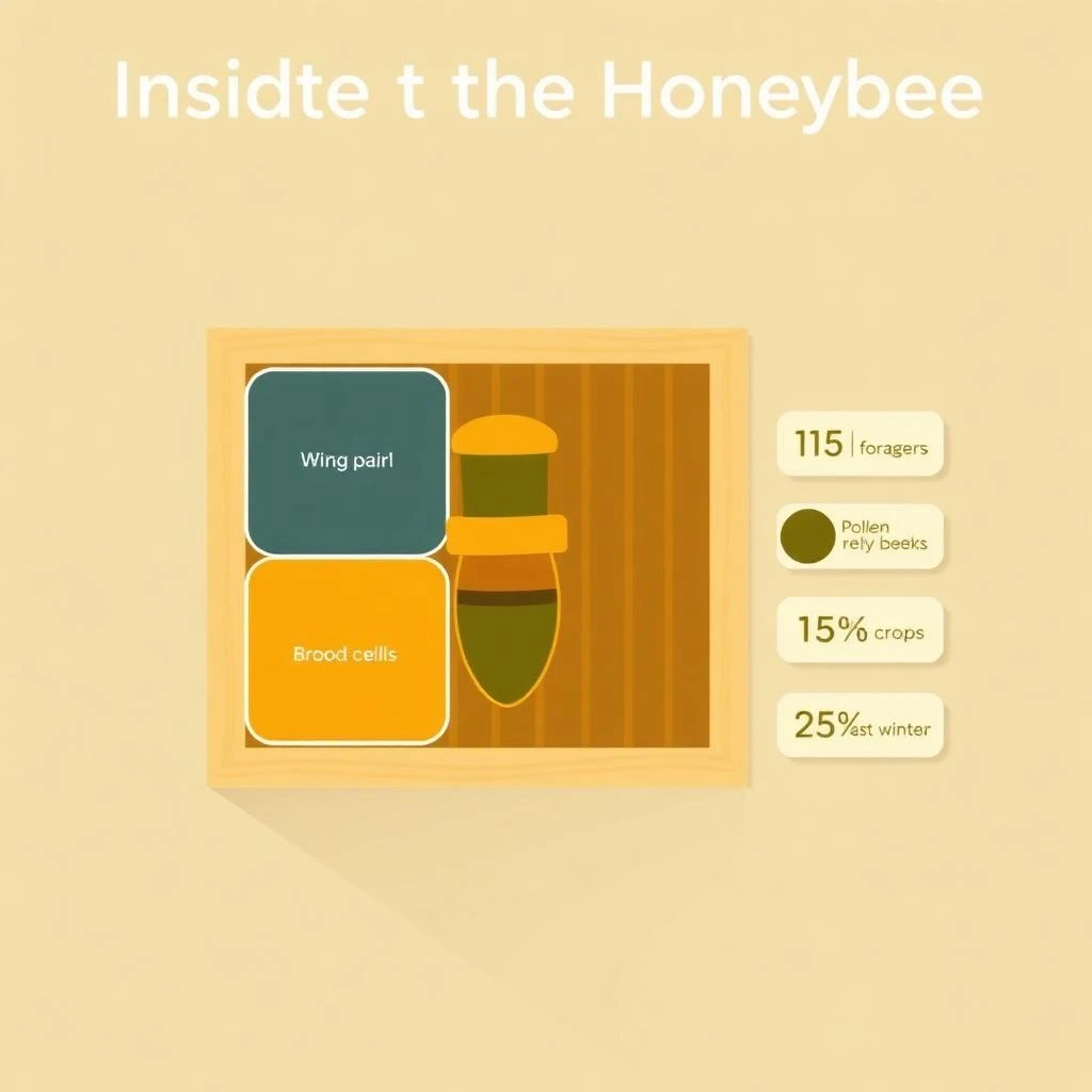 Flat vector illustration titled "Inside the Honeybee": at the center a cutaway of a hive frame, carrying three keyed regions, "Wing pair" shaded slate, "Brood cells" shaded olive and "Pollen basket" shaded amber, beside a right column of three stat chips reading "1 in 8 foragers never returns", "115 crops rely on bees" and "25% of hives lost last winter".