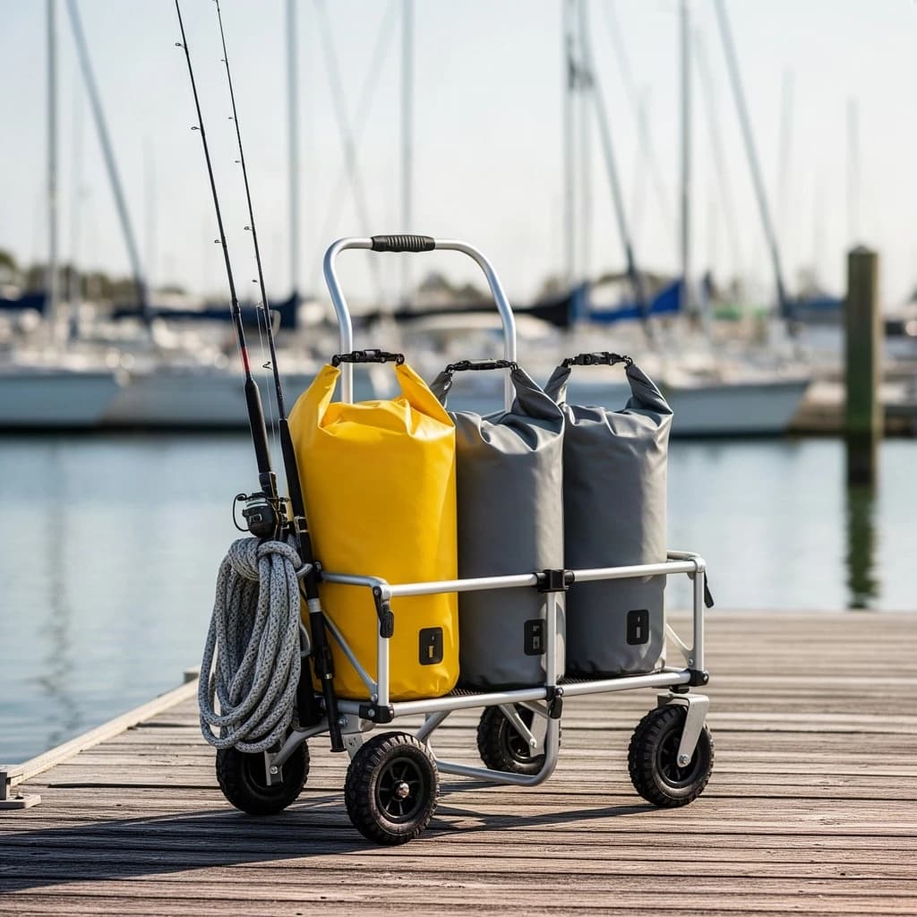 Lifestyle listing photo on a marina dock: a folding dock cart holding three dry bags, the largest yellow and the two smaller ones grey, two fishing rods leaning against the handle, and one coiled dock line hanging from the front rail. Masts blurred behind.