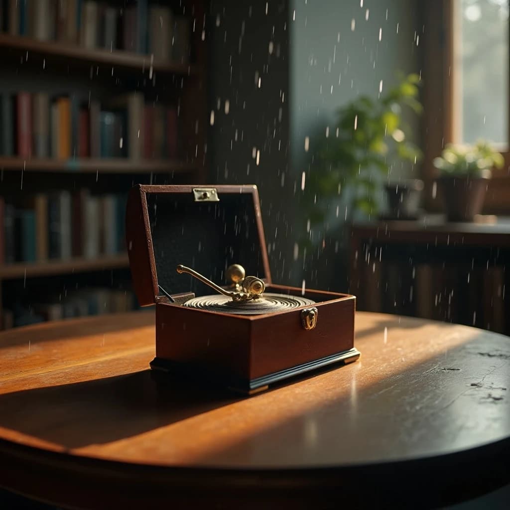 The quiet second when a music box takes on a thin rim of warm light, in a quiet library, in light rain.
