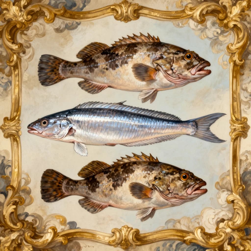 Ribbonfish and Tautog in Manila, Philippines in the style of rococo