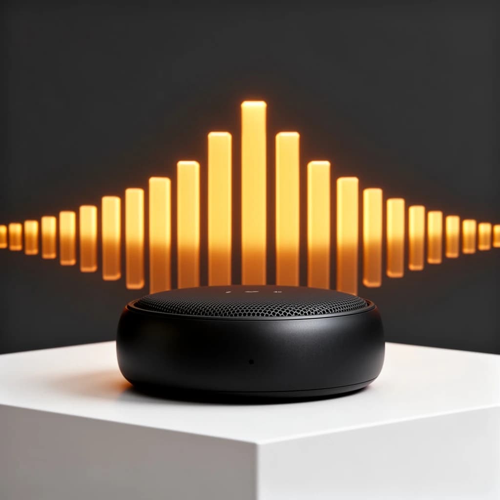 Cinematic 3D render of a matte black speaker puck on a white plinth, with a sound waveform behind it built from fourteen glowing amber bars in a gentle curve, the three tallest centred directly behind the puck and the bars shortening evenly toward both ends.