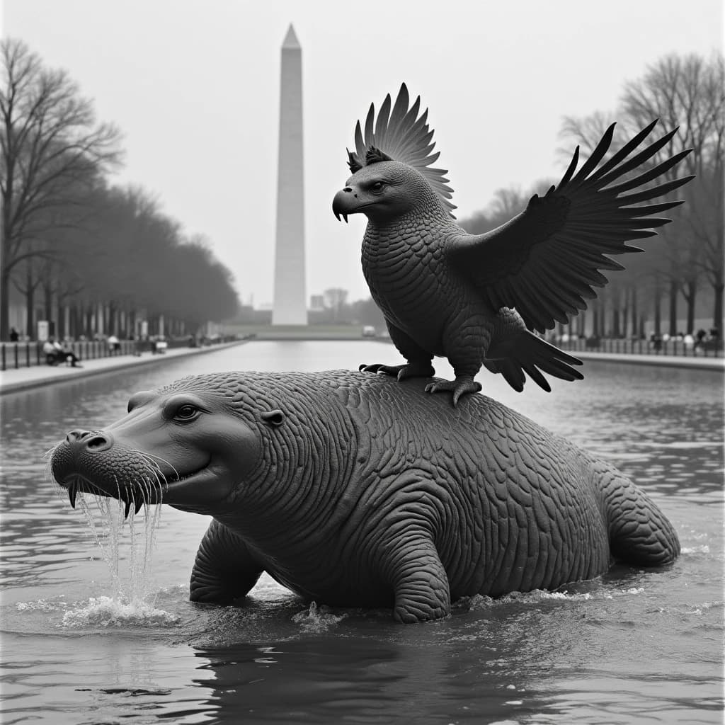 Manatee and Thunderbird in Washington, D.C., United States in the style of black and white