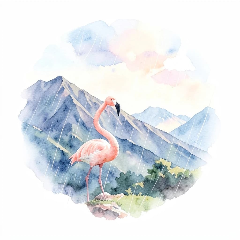 flamingo, mountain ridge, light rain, off-center framing with negative space, watercolor, soft edges