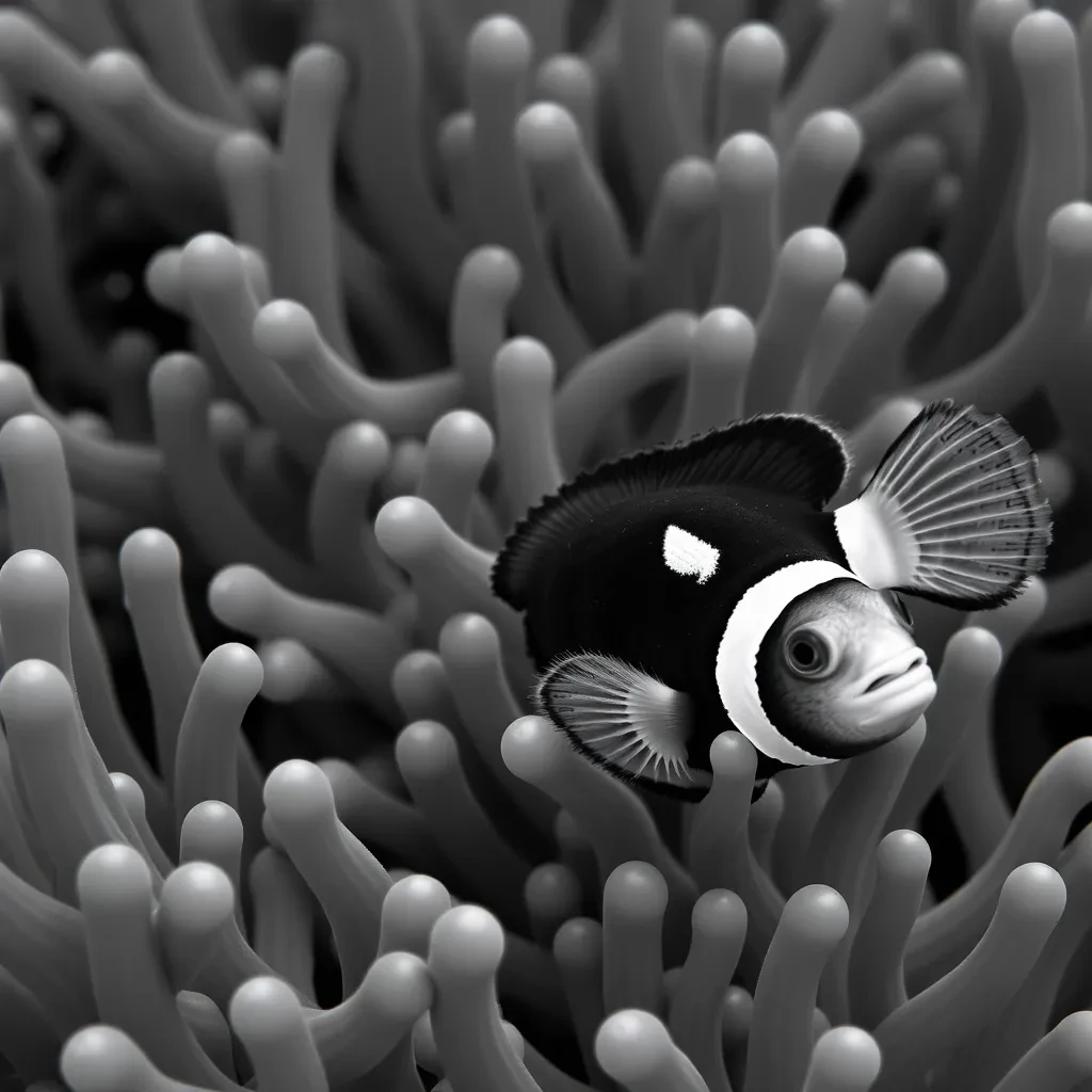 Greenling and Clown Anemone Fish in Bucharest, Romania in the style of black and white
