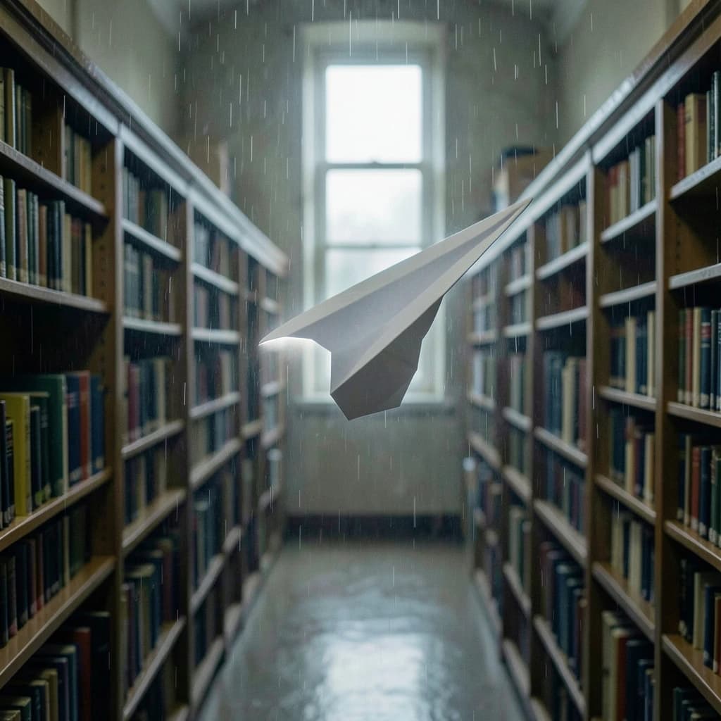 The quiet second when a paper airplane picks up a soft edge highlight, in a quiet library, after a light rain shower.