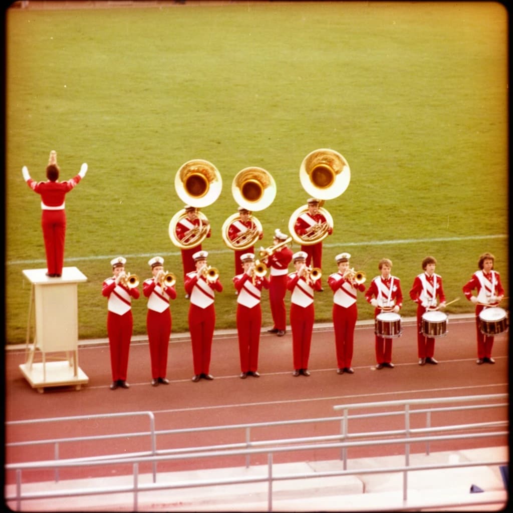 Nineteen seventies Kodachrome-era colour film look, faded warm grain and slight overexposure: a high school marching band seen from a stadium walkway. Front rank of five trumpet players in red and white uniforms, all with horns raised. Behind them three sousaphones in a triangle, the middle player caught mid turn. A line of four drummers to the right, the snare drummer nearest the camera mid stroke. A single drum major stands on a podium at the far left with his back to us, arms up. Empty green field behind them.