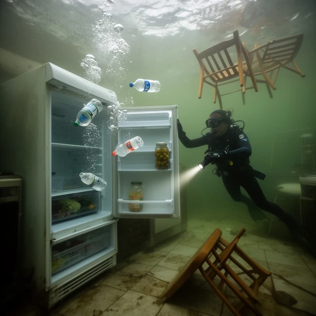 Underwater photograph inside a flooded apartment kitchen, silt green water, one window's worth of light from above. The refrigerator stands with its door swung open; three plastic bottles drift upward out of it, one still capped and two open and trailing bubbles, while a jar of pickles stays wedged on the middle shelf. A diver in a black wetsuit hovers to the right of the door, one hand on the top hinge, the other aiming a torch into the empty vegetable drawer. Two wooden chairs float against the ceiling above her, a third lies on its side on the tiles. Suspended particles, cold contrast, slow shutter softness.