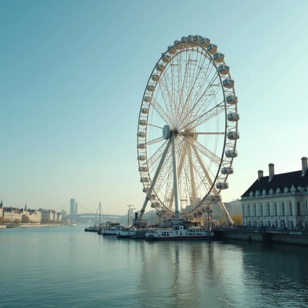 A ferris wheel dulled by a thin layer of dust beside a quiet river, under a clear blue sky, wide-angle perspective, photorealistic style.