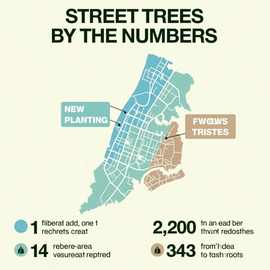 Printed poster titled "Street Trees by the Numbers": at the center a simplified street map with shaded districts, carrying two keyed regions, "New planting" shaded light blue and "Fewest trees" shaded tan, beside a bottom row of three stat chips reading "1 tree per 14 residents", "23,000 street trees counted" and "130 species in the register".