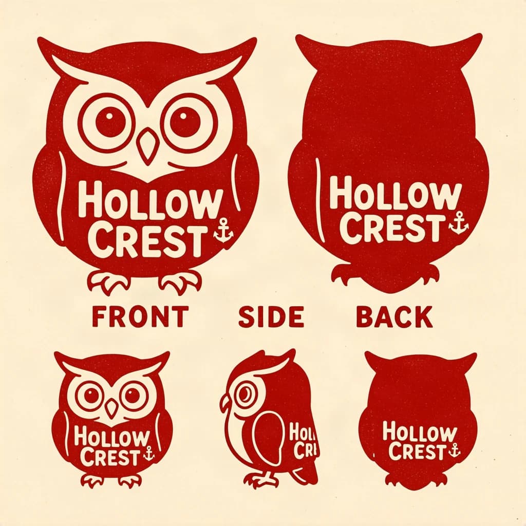 Linocut print: one bookstore owl mascot in three views. The views are captioned "front", "side" and "back" in that order. The wordmark "Hollow Crest" appears on every view with a small anchor mark beside it. The red-and-cream coloring is the same across every view, and only the angle changes.