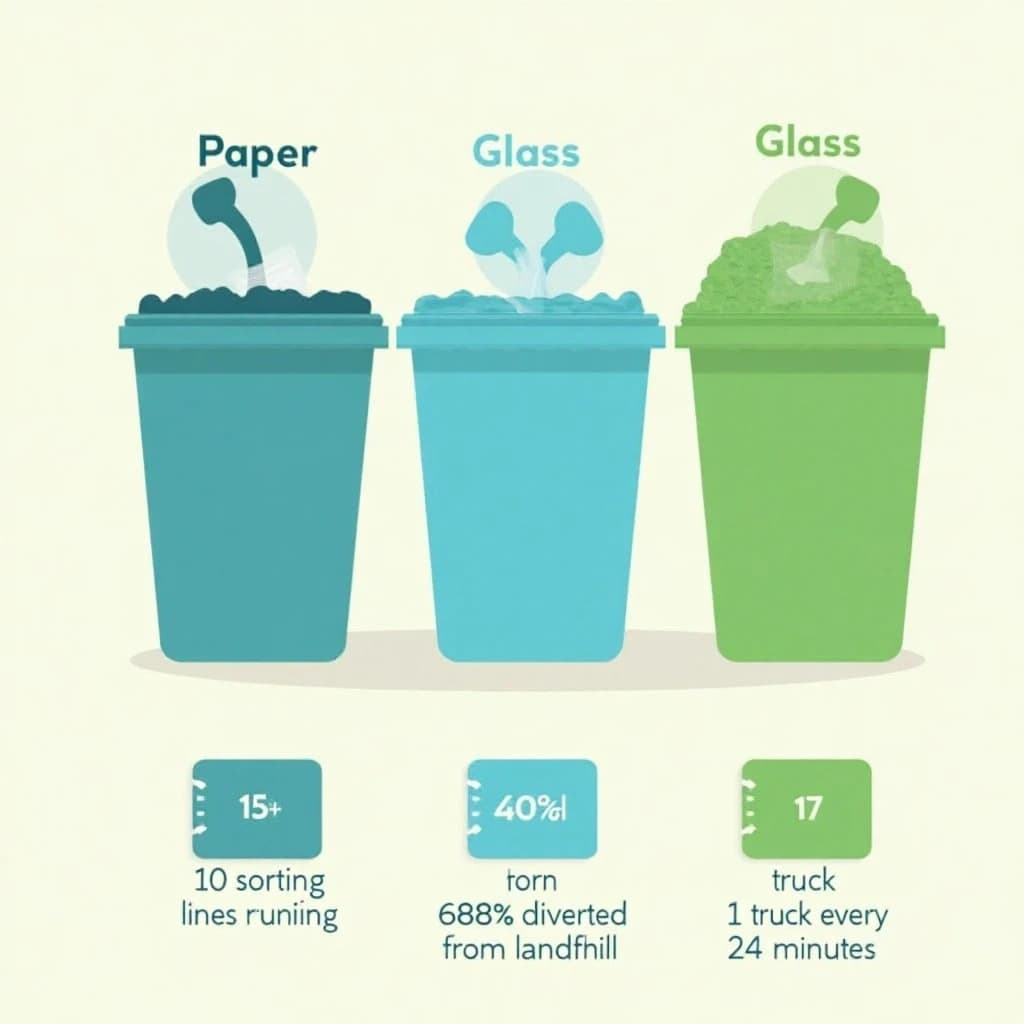 Flat vector illustration titled "The Curbside Problem". Three sorting bins with arrows to their destinations sits at the center, carrying two keyed regions, "Paper" shaded blue and "Glass" shaded green. Three stat chips run down a bottom row, reading "10 sorting lines running", "68% diverted from landfill" and "1 truck every 24 minutes". Each key color matches the shading of the region it names.