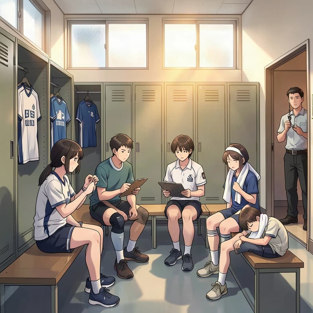 Modern anime interior for a high school volleyball series, wide view down a team locker room after practice. Eight lockers along the back wall in two banks of four, the three on the far left hanging open with jerseys spilling out and the rest shut. Four players occupy the foreground bench: the setter re-taping two fingers, the libero pulling on a knee sleeve, the captain reading a clipboard, and a first year asleep sitting upright with a towel over his face. A coach stands in the right doorway holding a whistle, half in shadow. Warm late-sun bars fall through high frosted windows, cel shading, clean bold linework.