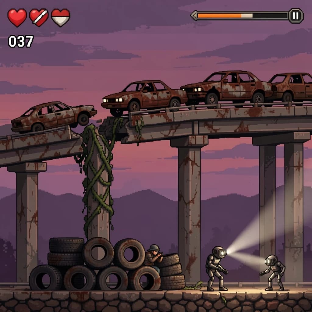 Side-scrolling pixel art screenshot from a post-apocalyptic survival platformer, dusk palette of rust and violet. A collapsed highway overpass cuts diagonally across the frame on four concrete support pillars, the second from the left snapped in half and wrapped in vines. On the deck above sit three burnt-out cars nose to tail, only the middle one still upright. Below, the player crouches behind a barricade of five stacked tires while two scavenger drones sweep flashlight cones in from the right. Top-left interface: three heart icons with the last half empty, a scrap counter reading "037", and a thin compass strip.