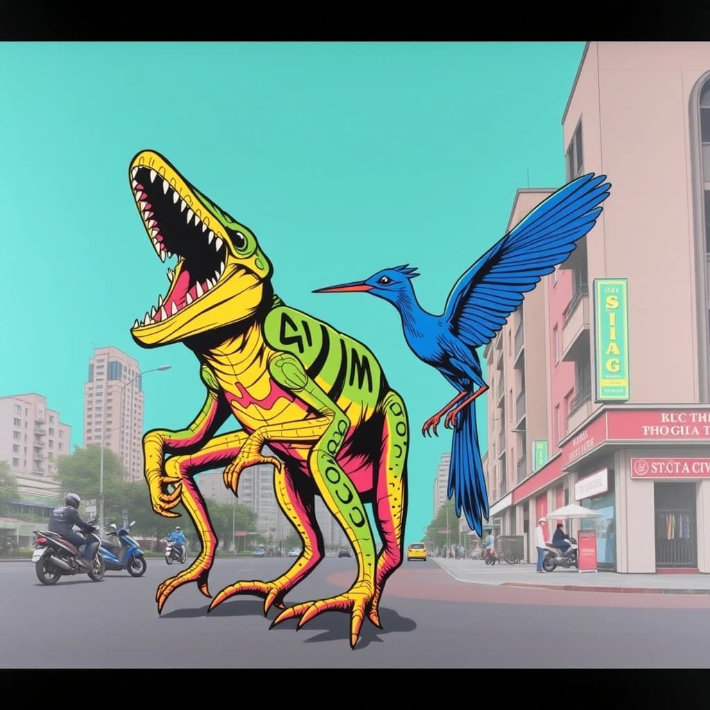 Crossopterygian and Blue Runner in Hanoi, Vietnam in the style of pop art