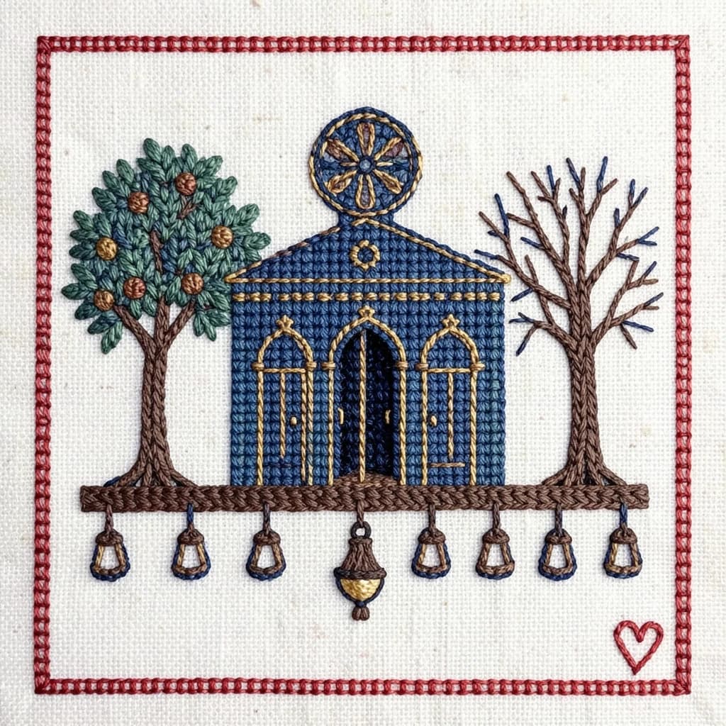 Pin stitched as a cross stitch sampler on natural linen, chunky visible stitches. Center: a synagogue front elevation in deep blue and gold thread, a rose window above three arched doors, the middle door taller and standing open while the two outer doors are closed. Two stitched olive trees flank the building, the left one heavy with fruit and the right one bare. Along the bottom, nine stitched lamps hang from a stitched beam with the middle lamp hanging lower than the rest. A narrow pomegranate border runs all the way around, with a small stitched heart in the bottom right corner.