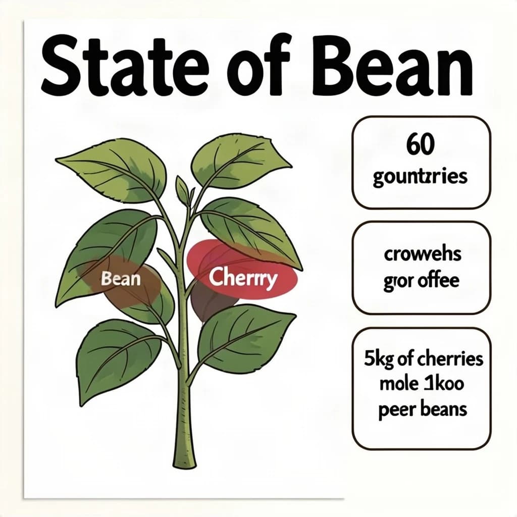 Printed poster titled "State of Bean": at the center a labeled coffee-plant diagram, carrying three keyed regions, "Bean" shaded brown, "Cherry" shaded red and "Leaf" shaded green, beside a right column of three stat chips reading "60 countries grow coffee", "5kg of cherries make 1kg of beans" and "2 harvests per year".