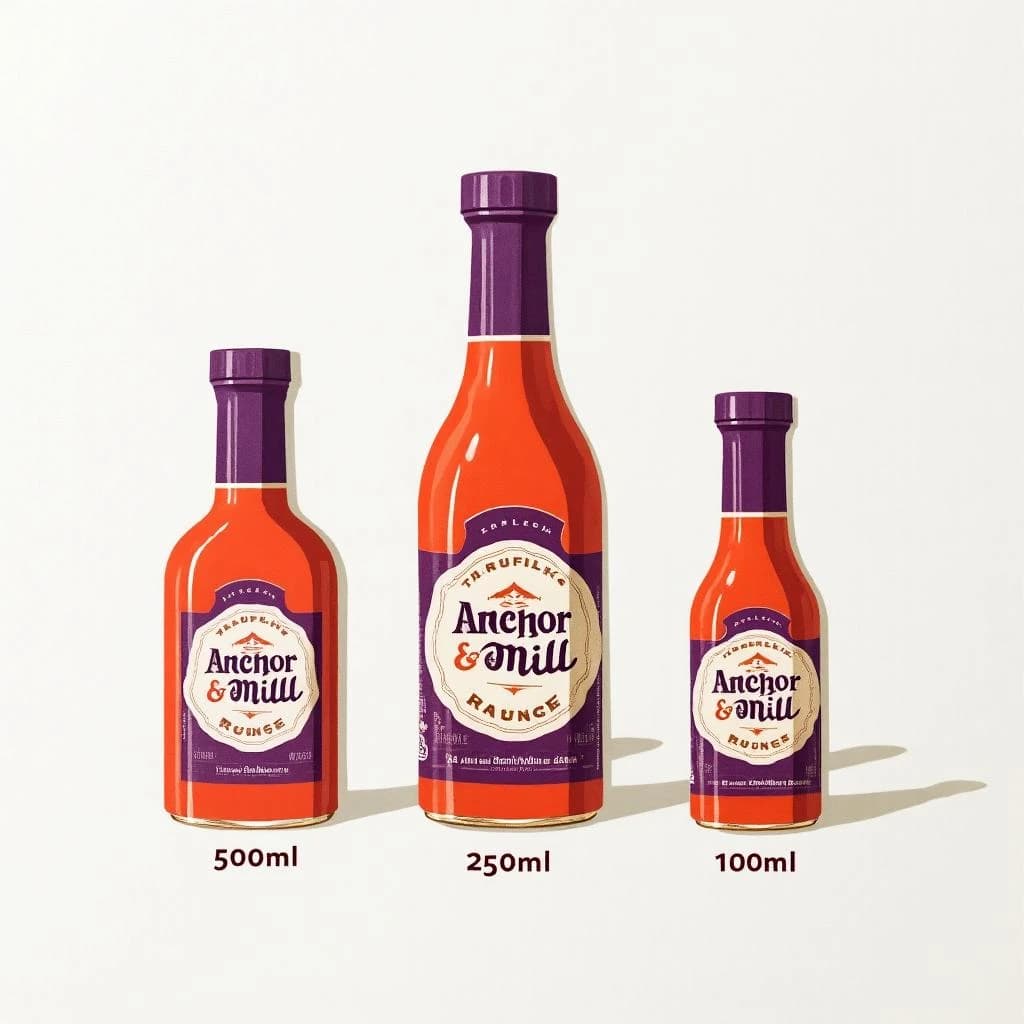 Cut-paper collage of the same hot-sauce bottle drawn in three sizes, captioned "500ml", "250ml" and "100ml", every size carrying the wordmark "Anchor & Mill" with a six-tooth gear mark beside it in the same purple-and-white coloring, only the bottle size changing.