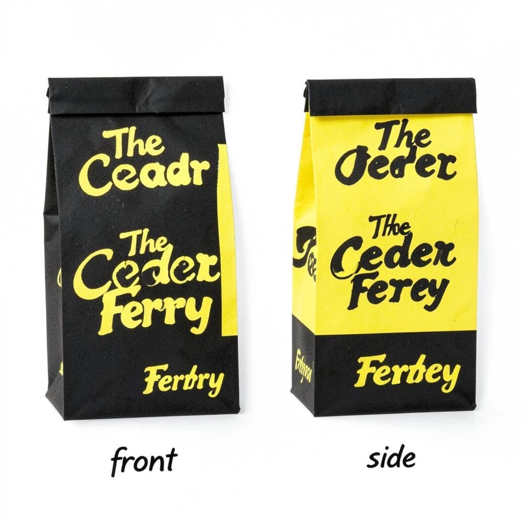 Cut-paper collage: one coffee bag in two views. The views are captioned "front" and "side" in that order. The wordmark "The Cedar Ferry" appears on every view. The black-and-yellow coloring is the same across every view, and only the angle changes.