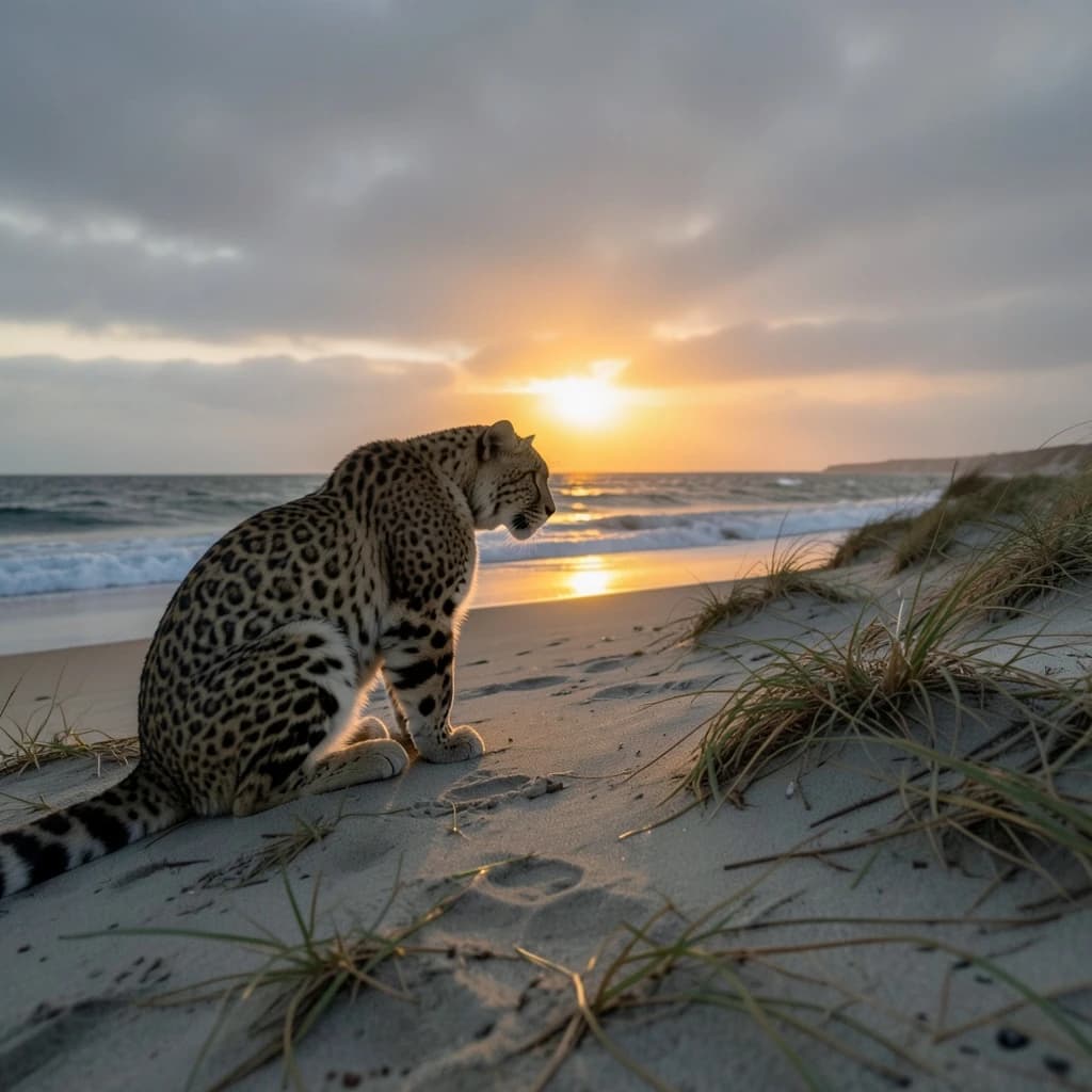 The pause when a snow leopard meets a low band of sun, on a windswept beach, under an overcast sky.