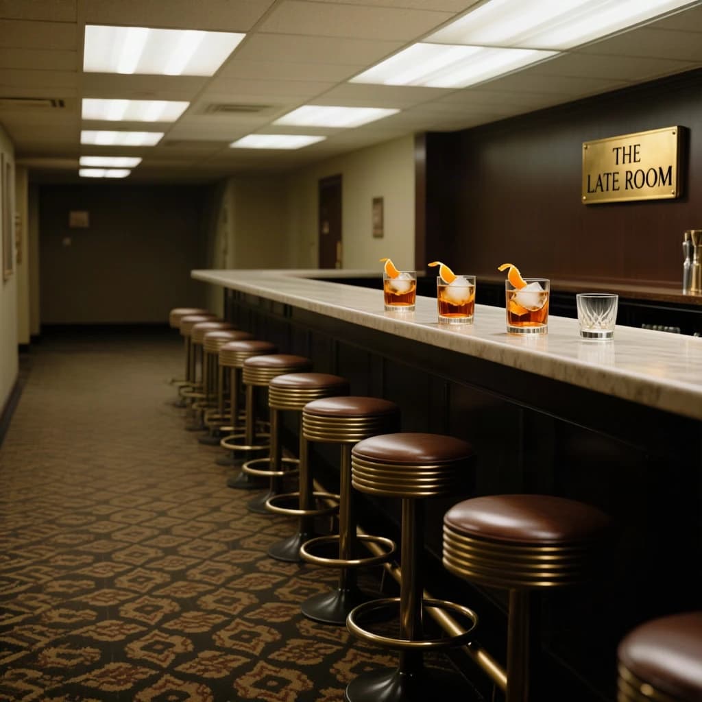 Liminal space photograph of a hotel bar at four in the morning, humming fluorescent ceiling panels, patterned carpet running off frame, nobody in sight. Eleven identical barstools stand in one unbroken row along the counter, only the fifth pulled out and turned. Three finished old fashioneds sit spaced along the bar, each down to melted ice and a single orange peel, and a fourth glass, freshly poured and still clear, waits at the far end beside a small brass sign reading "THE LATE ROOM".
