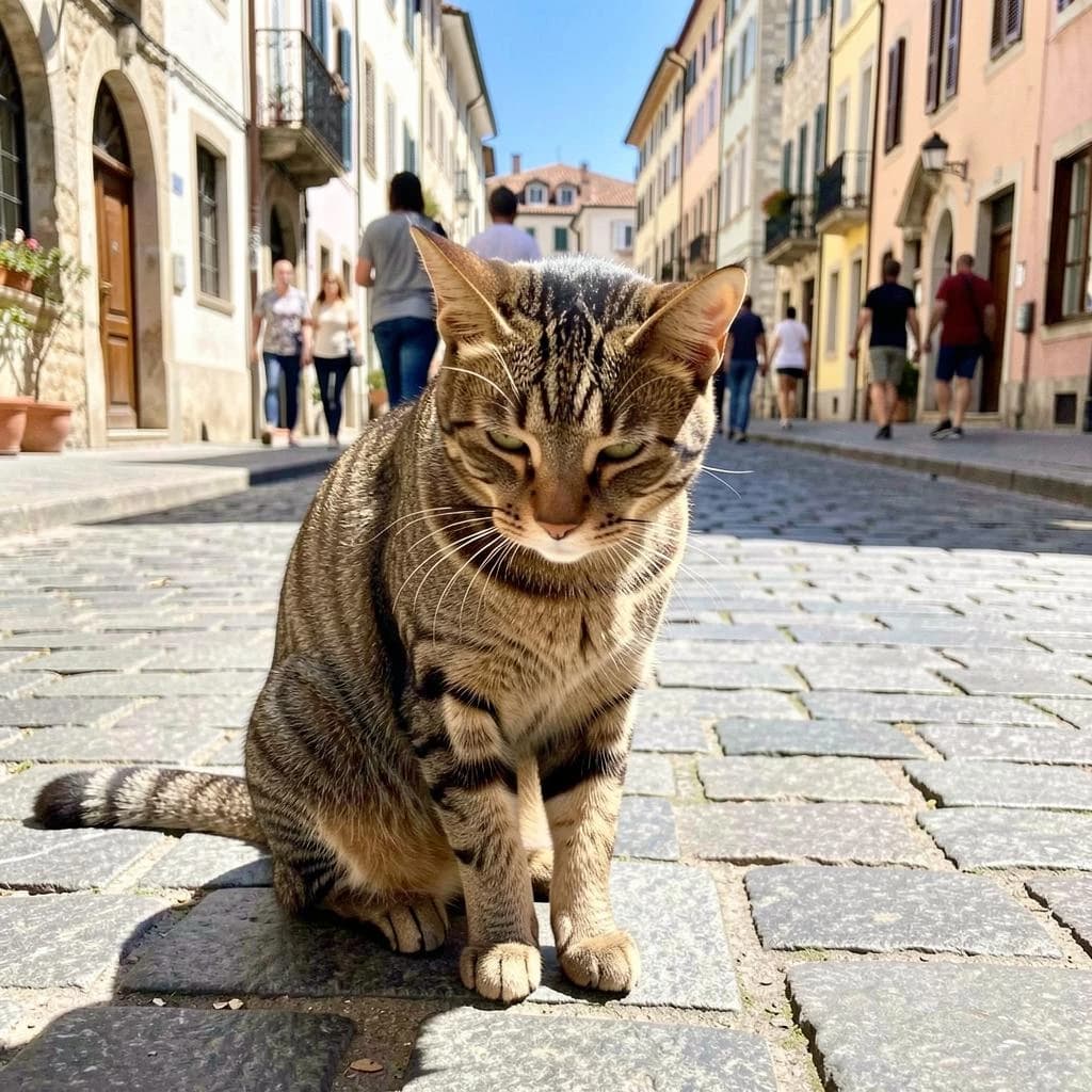 The instant a tabby cat gathers the color of the surrounding sky, on a cobblestone street, in bright midday sun.