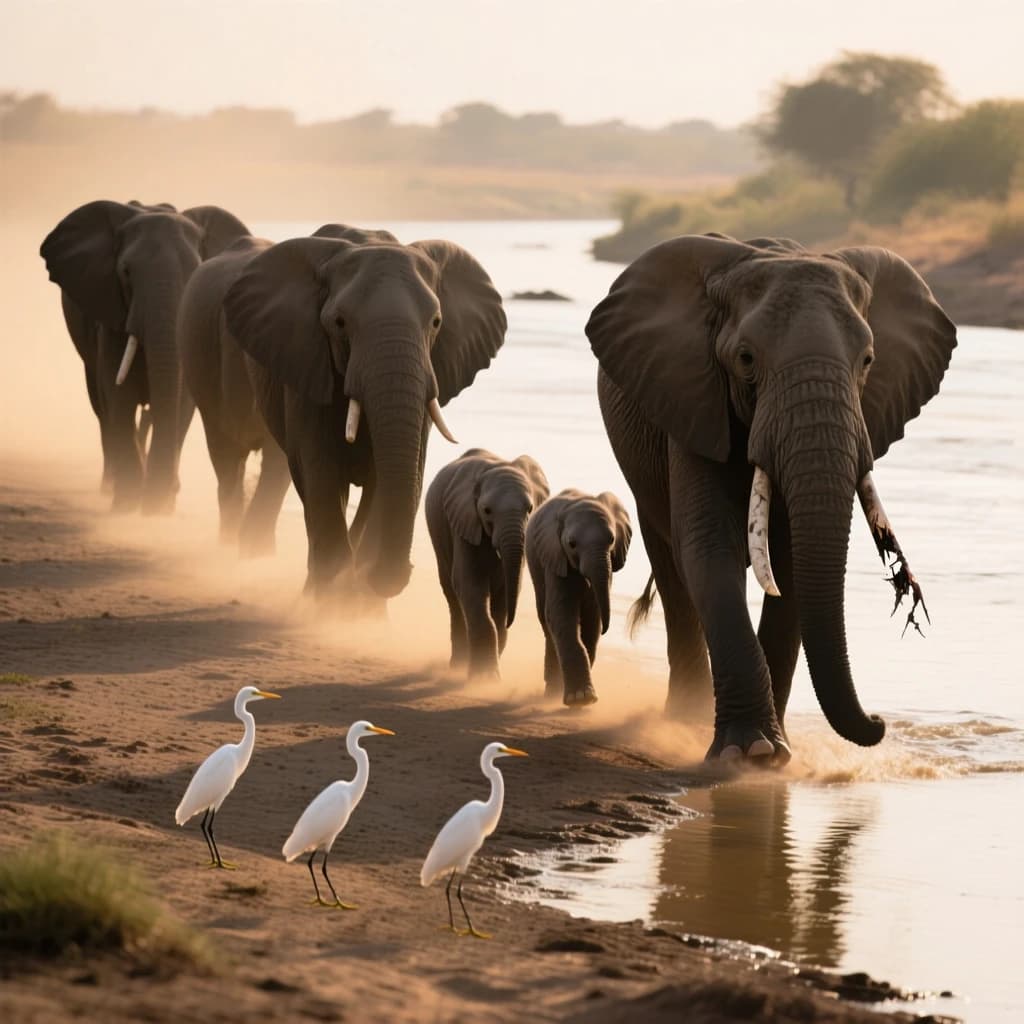 Wildlife photograph for a conservation campaign: a herd crossing a dusty riverbed in low sun. Seven elephants walking left to right, three adults flanking on the outside and two calves tucked between them, one adult trailing at the rear with a broken tusk, and the lead matriarch already up the far bank. Four egrets on the ground, only two of them near the calves. Long shadows, dust haze, nothing written in frame.