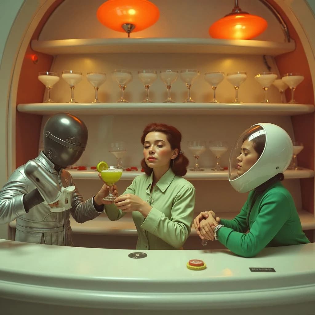 In-game screenshot from a lounge sim aboard an orbital hotel, all curved white plastic, orange bubble lamps and chrome trim in nineteen sixties Space Age design. A four-armed bartender shakes a tin with two arms while pouring a margarita with a third and sliding a coaster across with the fourth. Three customers at the bar: the one in a silver jumpsuit holds a salt-rimmed margarita, the one in green holds nothing, the one in a bubble helmet is asleep on folded arms. Behind them a rack holds nine coupe glasses, the five on the upper shelf frosted, the four below clear. Bottom-left interface: a tip counter reading "142 credits", a shaker cooldown ring, and a chip reading "Order 3 of 8".