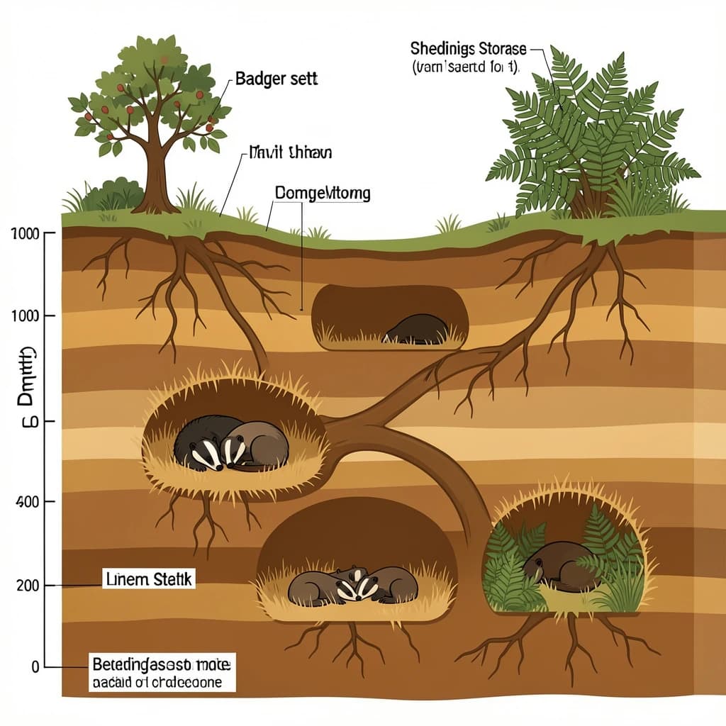 Flat vector cross-section of a badger sett cut through a hillside, soil drawn as layered ochre bands with tree roots threading through. Four chambers at different depths: the deepest lined with dry grass holding two sleeping badgers curled together, one mid level chamber standing empty, one holding three cubs, and a shallow chamber used for bedding storage. Five tunnels connect them, and two entrances break the surface, the left one under a hawthorn and the right one screened by bracken. Labels sit outside the soil profile on hairline leaders, with a depth scale in metres down the left edge.