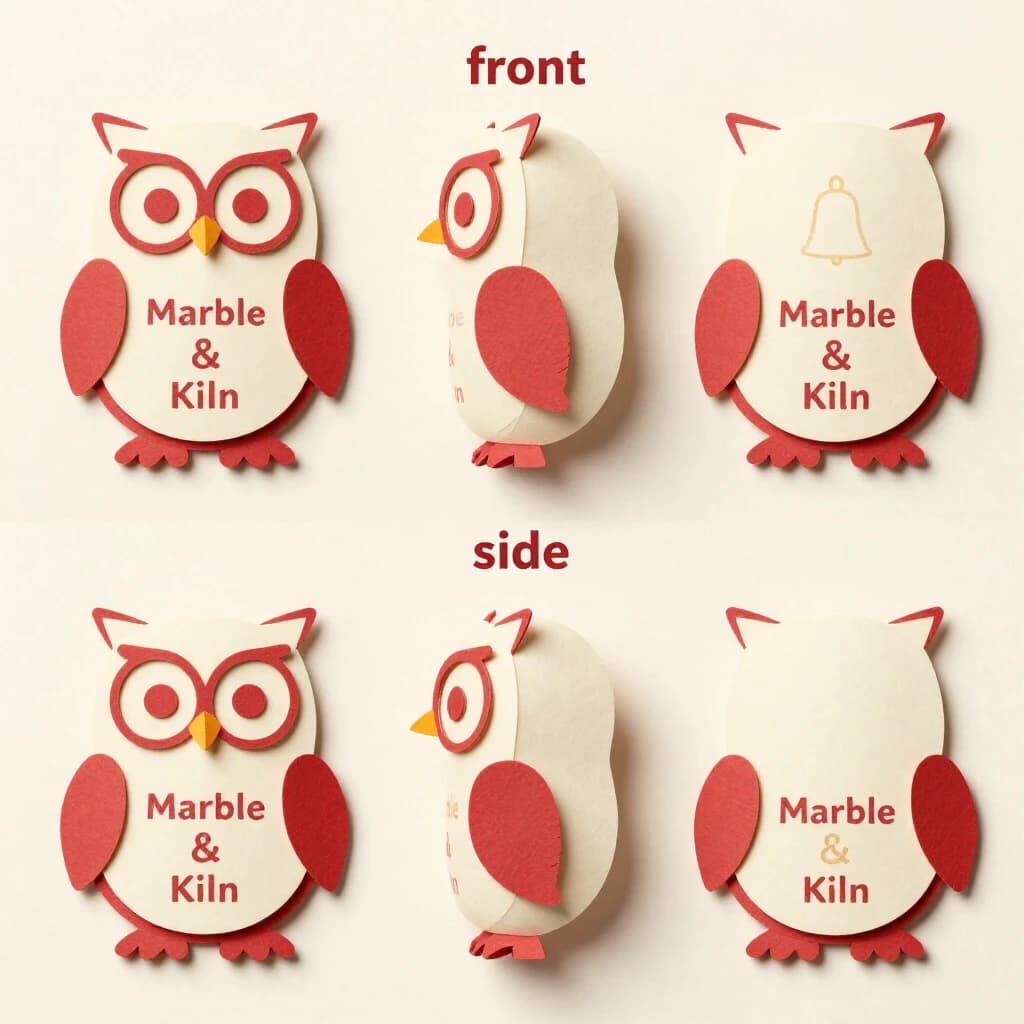 Cut-paper collage of the same bookstore owl mascot drawn in three views, captioned "front", "side" and "back", every view carrying the wordmark "Marble & Kiln" with a small bell outline beside it in the same red-and-cream coloring, only the angle changing.