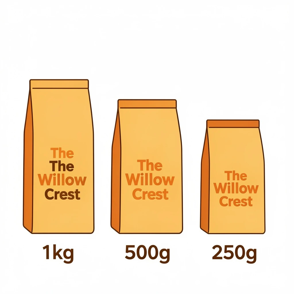 Flat vector illustration of the same coffee bag drawn in three sizes, captioned "1kg", "500g" and "250g", every size carrying the wordmark "The Willow Crest" in the same orange-and-brown coloring, only the bag size changing.