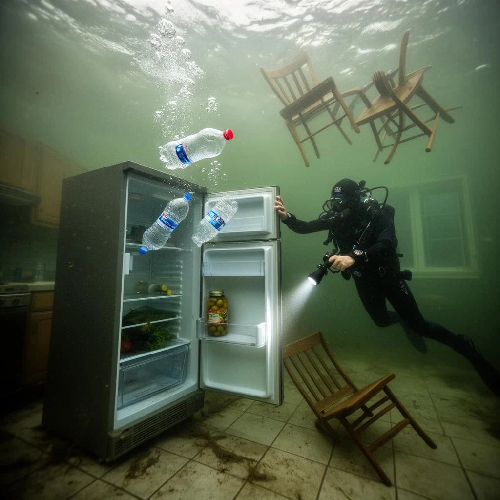 Underwater photograph inside a flooded apartment kitchen, silt green water, one window's worth of light from above. The refrigerator stands with its door swung open; three plastic bottles drift upward out of it, one still capped and two open and trailing bubbles, while a jar of pickles stays wedged on the middle shelf. A diver in a black wetsuit hovers to the right of the door, one hand on the top hinge, the other aiming a torch into the empty vegetable drawer. Two wooden chairs float against the ceiling above her, a third lies on its side on the tiles. Suspended particles, cold contrast, slow shutter softness.