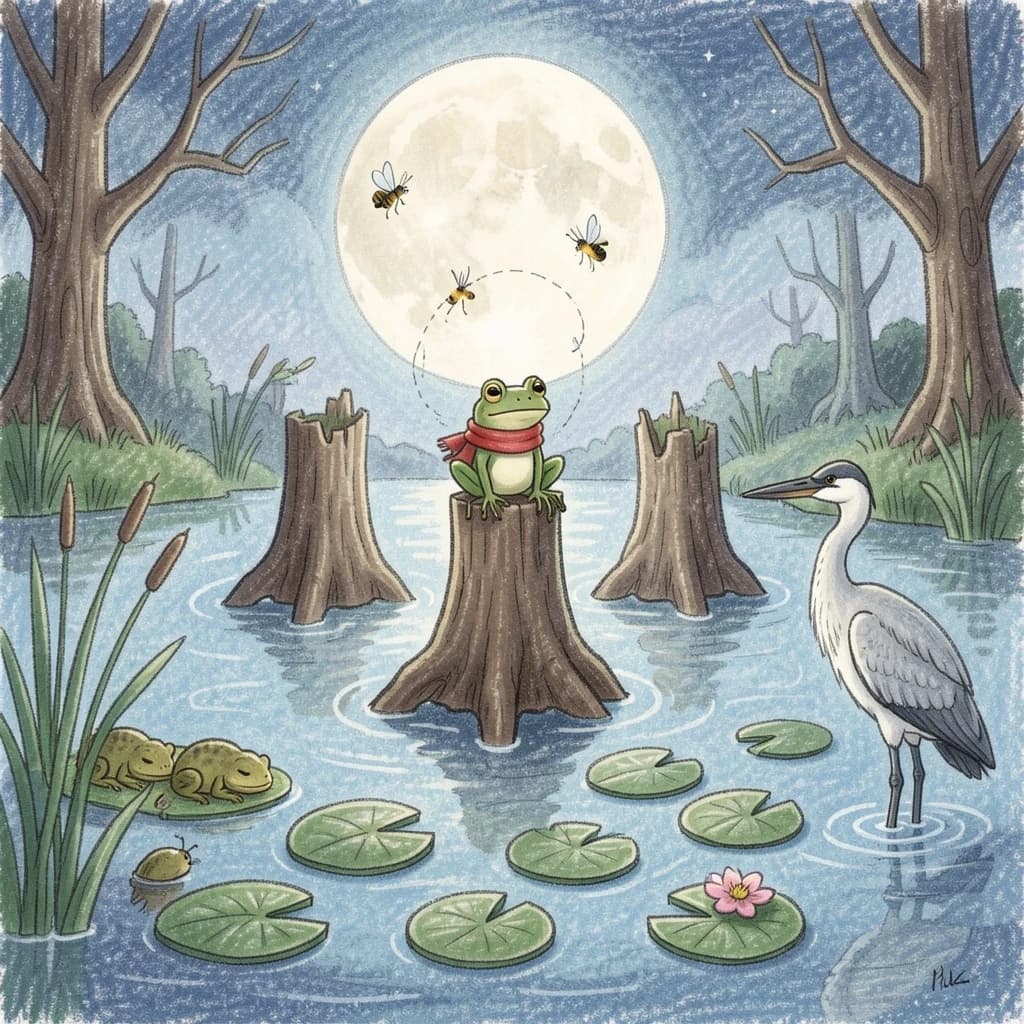 Story card in soft children's book illustration with crayon texture. A moonlit swamp with three cypress stumps in a row across the water. A small green frog in a red scarf sits on the middle stump. Two fireflies circle above his head while four more sit sleeping on the reeds to the left. A heron stands knee deep at the right edge, looking away from the frog. Nine lily pads float across the foreground, only one of them carrying a flower.