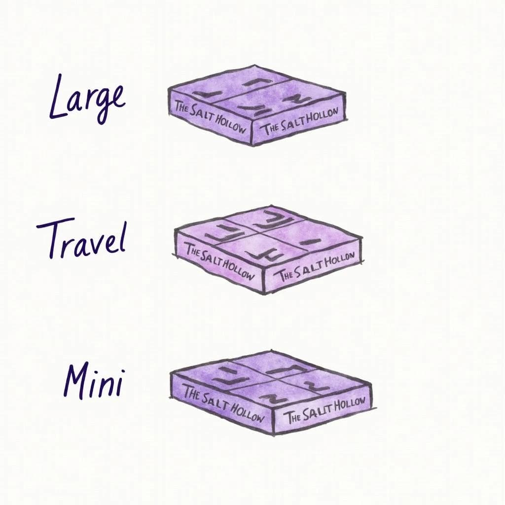 Watercolor of the same board-game box drawn in three editions, captioned "Large", "Travel" and "Mini", every edition carrying the wordmark "The Salt Hollow" in the same purple-and-white coloring, only the box size changing.