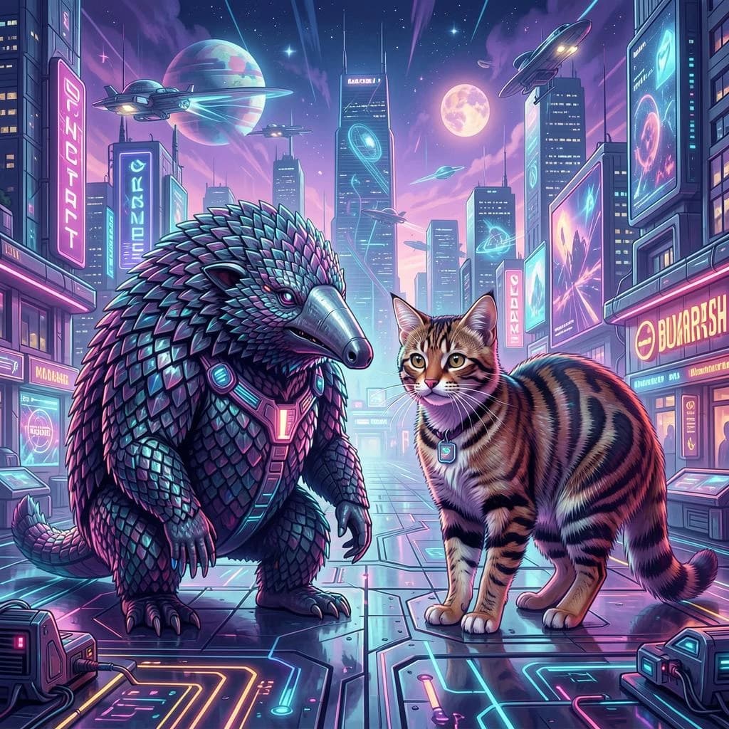 Scaly Anteater and Ringtail in Bucharest, Romania in the style of futurism