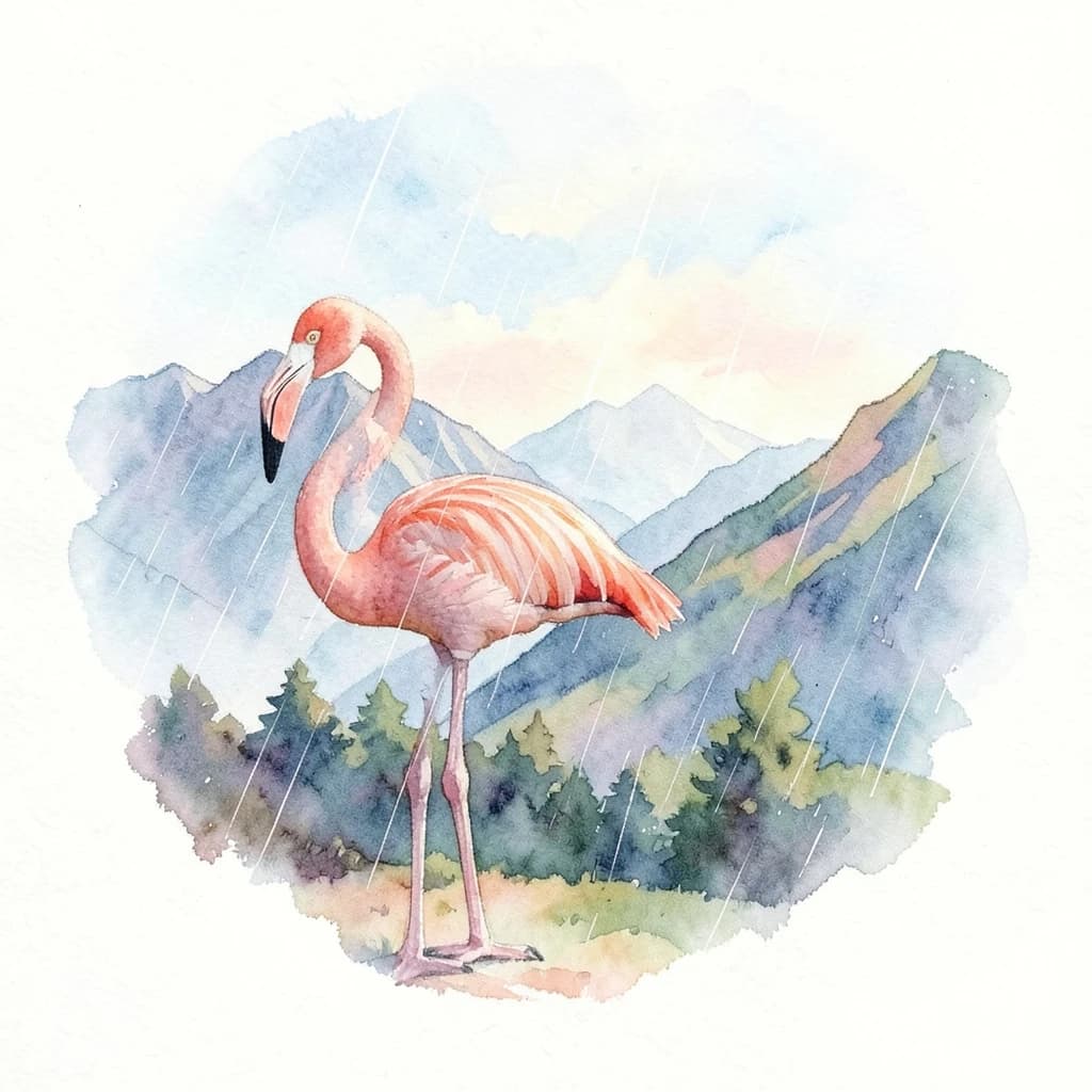 flamingo, mountain ridge, light rain, off-center framing with negative space, watercolor, soft edges