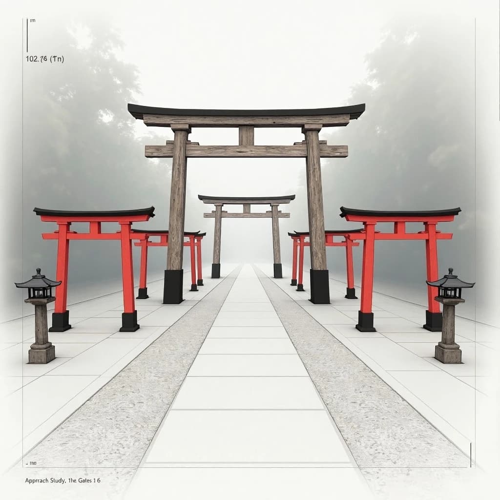 Architectural visualization of a shrine approach, soft daylight, matte grey and white presentation render. A straight gravel path runs from foreground to background under six torii gates set in a line, each gate shorter than the one before it. The four nearest gates are vermilion with black crossbeams; the two farthest are bare weathered timber. A pair of stone lanterns flanks the third gate only. Thin dimension lines mark each gate's clear width in metres, and a title block in the lower left corner reads "Approach Study, Gates 1 to 6".