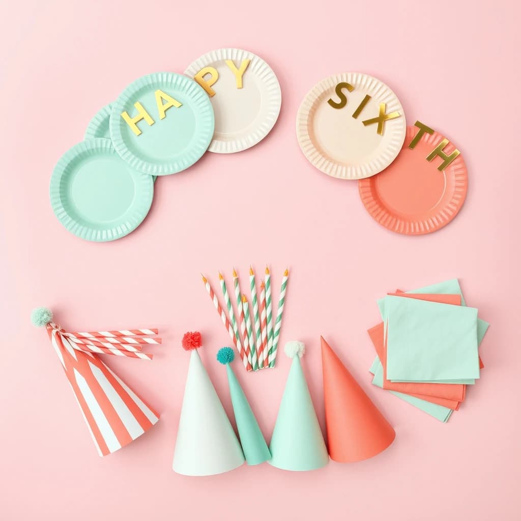 Flat lay photograph on pale pink paper, lit softly from above.
Eight paper plates fanned in an arc across the top of the frame, alternating mint and coral, four of each, mint first from the left.
Below the arc, twelve striped candles bundled under a paper band, laid diagonally.
Three cone party hats stacked at the lower left, only the middle hat trimmed with a pom pom.
At the lower right, six folded napkins in two piles of three, one pile mint and one coral.
A paper banner strung across the very top spells "HAPPY SIXTH" in gold letters, a few letters overlapping the plate arc.