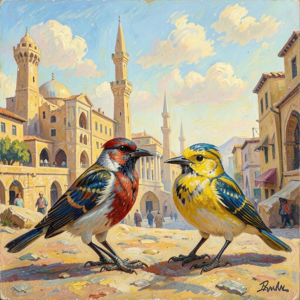 Scrub-Bird and Yellowtail in Cairo, Egypt in the style of impressionist