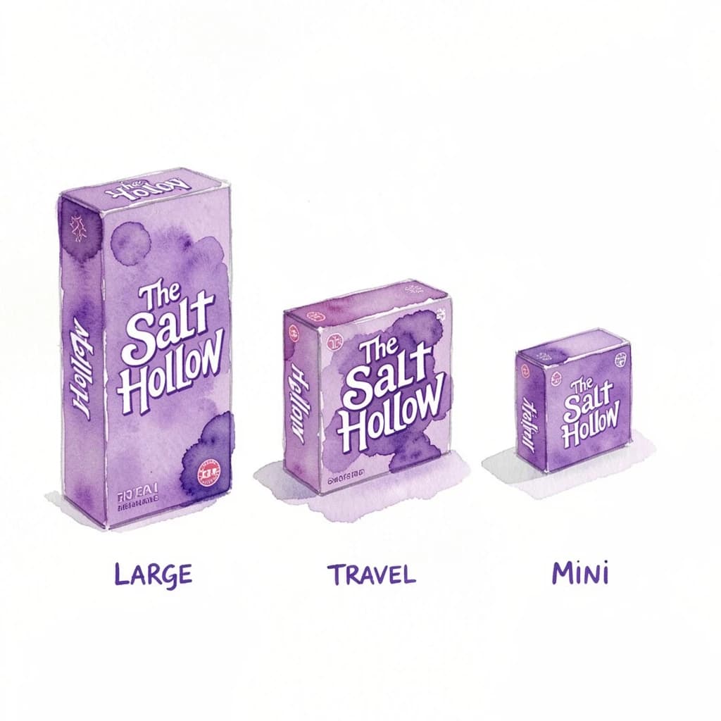 Watercolor of the same board-game box drawn in three editions, captioned "Large", "Travel" and "Mini", every edition carrying the wordmark "The Salt Hollow" in the same purple-and-white coloring, only the box size changing.