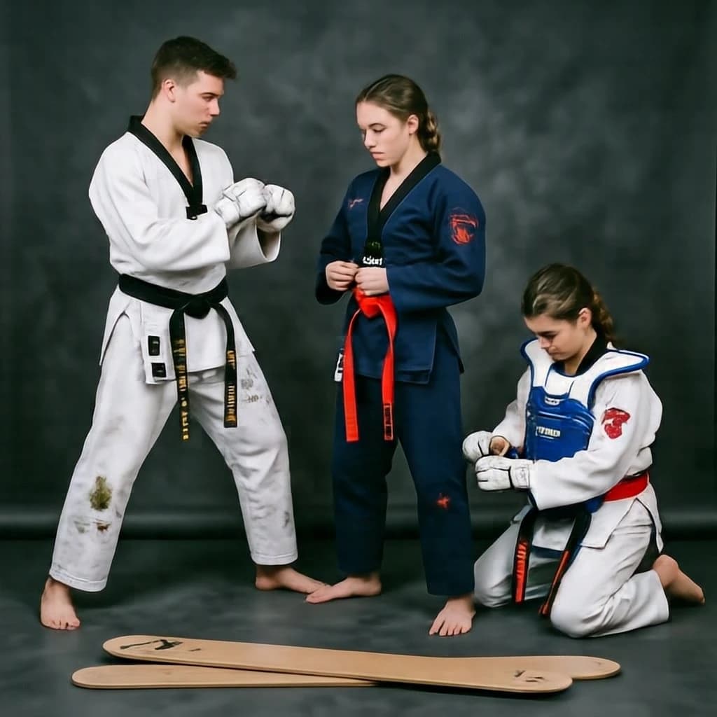 Studio photography, stunt and costume reference on a seamless charcoal backdrop, one hard key from camera left. Three taekwondo athletes in a tight diagonal: the tallest, in a white uniform with a black belt, holds a side kick frozen at chest height; the shortest, in navy with a red belt, ducks under it with both palms flat on the floor; the third kneels behind them fastening a blue chest guard onto a folded uniform. Two snapped pine boards lie at the front edge of the frame, a third board still whole in a holder's gloved hands.