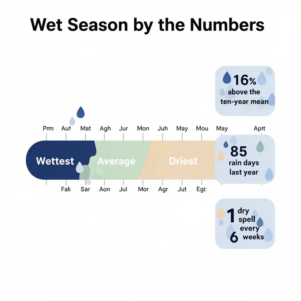 Flat vector illustration titled "Wet Season by the Numbers". A twelve-month rainfall timeline sits at the center, carrying three keyed regions, "Wettest" shaded dark blue, "Average" shaded pale green and "Driest" shaded sand. Three stat chips run down a right column, reading "16% above the ten-year mean", "85 rain days last year" and "1 dry spell every 6 weeks". Each key color matches the shading of the region it names.