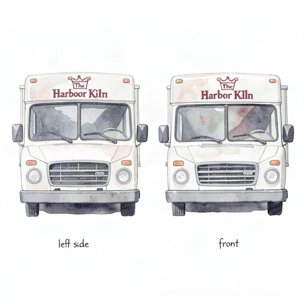 Watercolor of the same food truck drawn in two sides, captioned "left side" and "front", every side carrying the wordmark "The Harbor Kiln" with a simple crown outline beside it in the same maroon-and-gray coloring, only the side changing.