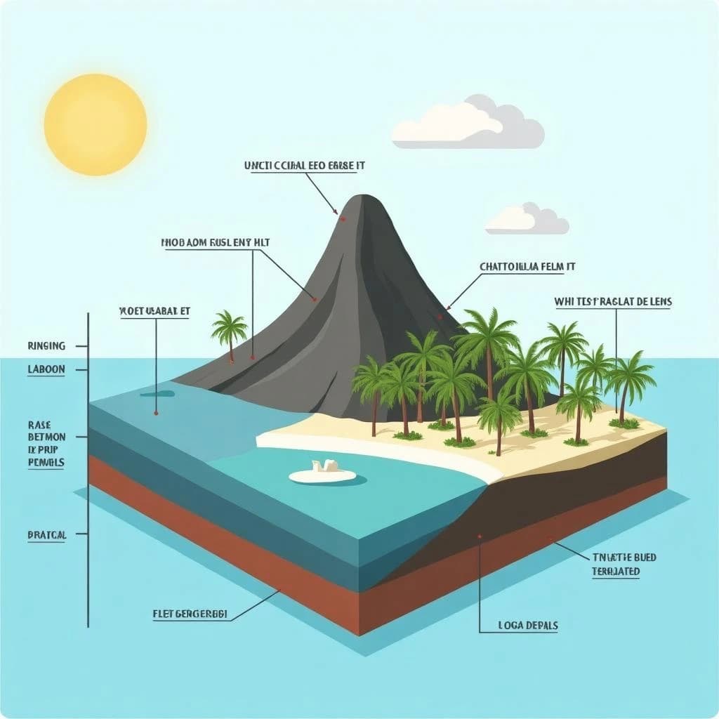 Cross section of a volcanic tropical island as a flat academic figure with clean colour blocks and a horizontal sea level line. Reading from the ocean on the left toward the right: a fringing reef crest, a shallow lagoon holding three coral heads, a white sand beach, a coconut palm belt of five trees, then a rising basalt cone with two lava layers picked out in darker grey, and a freshwater lens drawn as a pale blue dome under the middle of the island. Below sea level the flanks drop in three stepped terraces to a flat deep floor. Eight leader line labels, a depth scale down the left edge, and a small locator inset in the top right.