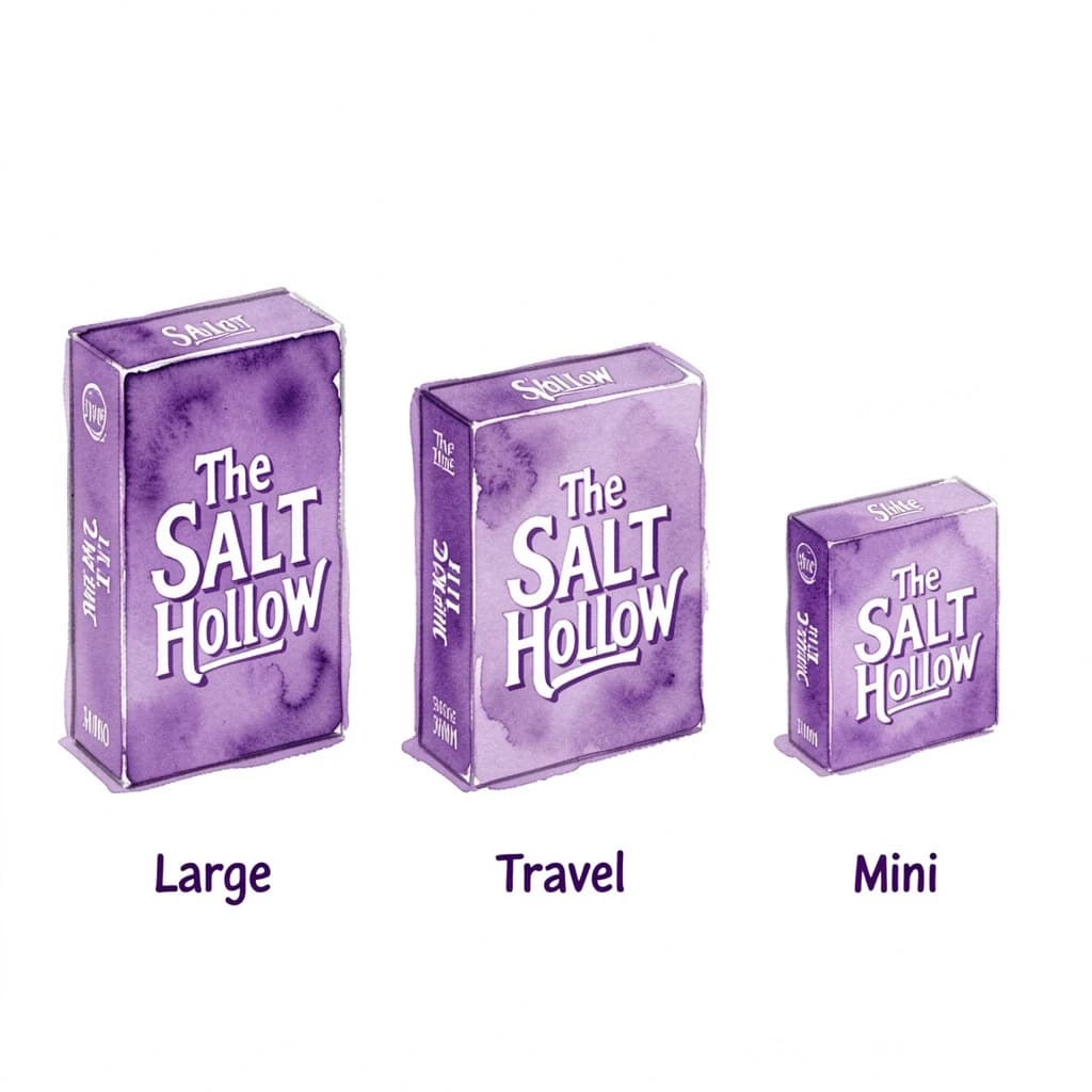 Watercolor of the same board-game box drawn in three editions, captioned "Large", "Travel" and "Mini", every edition carrying the wordmark "The Salt Hollow" in the same purple-and-white coloring, only the box size changing.