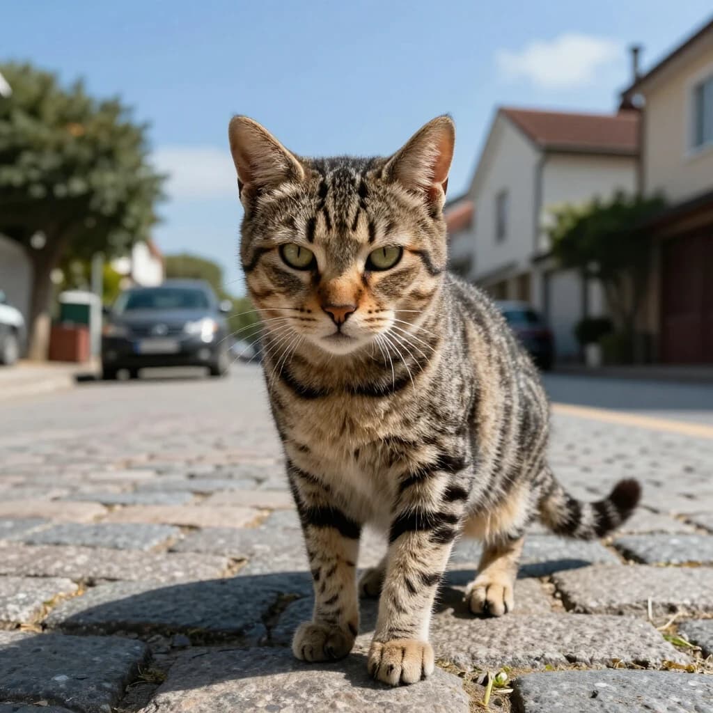 The instant a tabby cat gathers the color of the surrounding sky, on a cobblestone street, in bright midday sun.