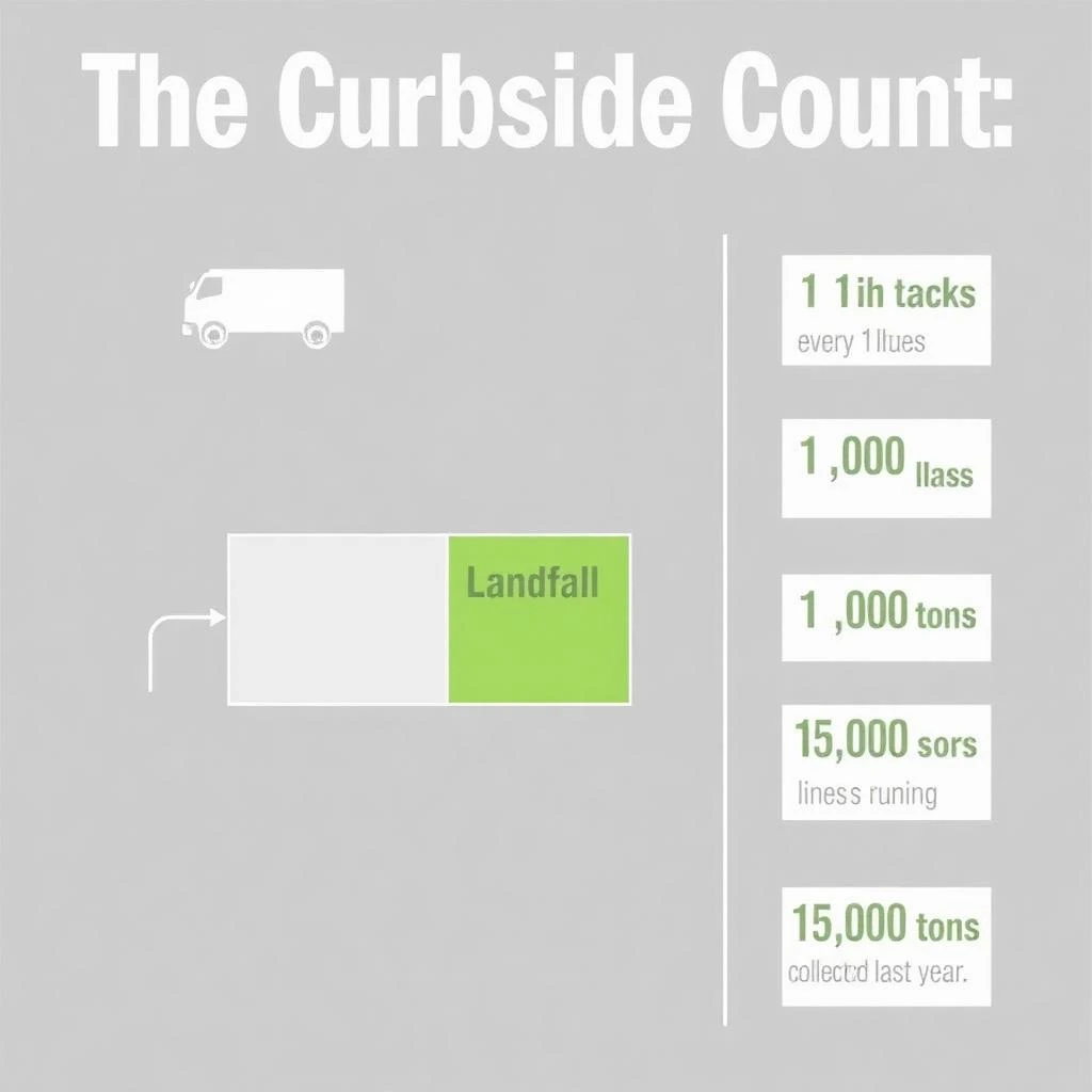 Printed poster titled "The Curbside Count": at the center a flow chart from curb to sorting floor, carrying two keyed regions, "Glass" shaded green and "Landfill" shaded gray, beside a right column of three stat chips reading "1 truck every 15 minutes", "11 sorting lines running" and "35,000 tons collected last year".